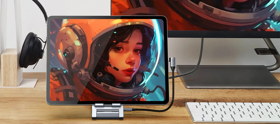 Tablet exibindo uma tela de computador, com um teclado e mouse ao lado, representando a funcionalidade de segunda tela