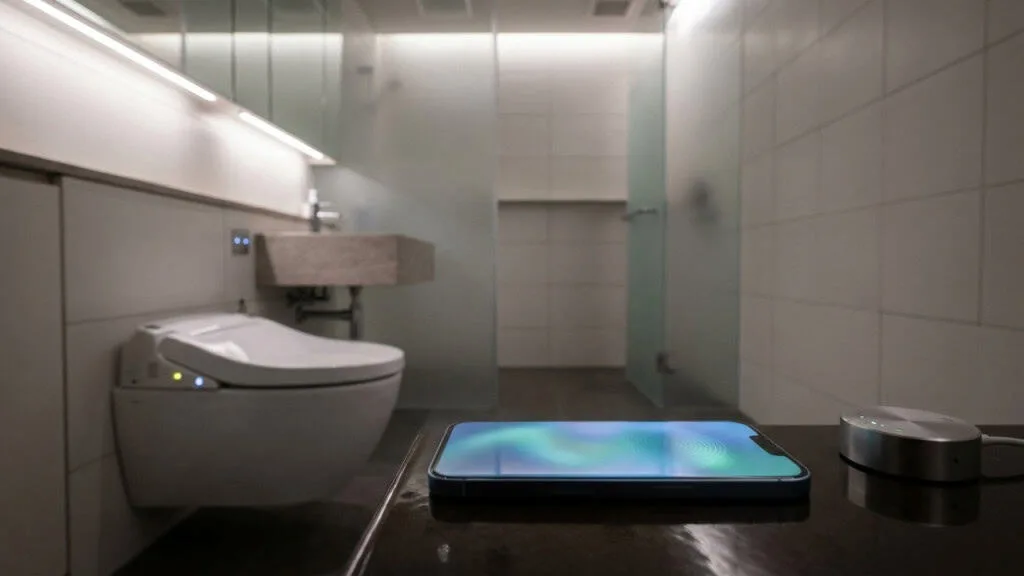 Imagem gerada por inteligência artificial, mostrando um vaso sanitário com elementos tecnológicos integrados, representando a análise de dados biológicos.