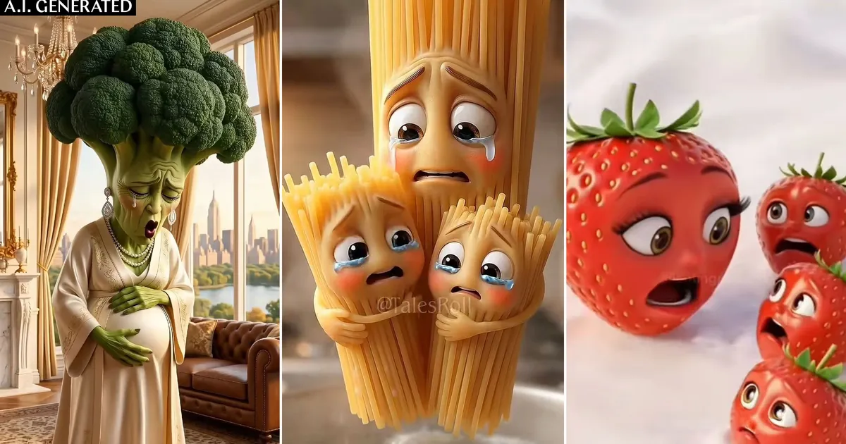 Close-up de uma fruta estilizada com expressão dramática em um cenário surreal gerado por IA, representando os vídeos de 'AI slop'.