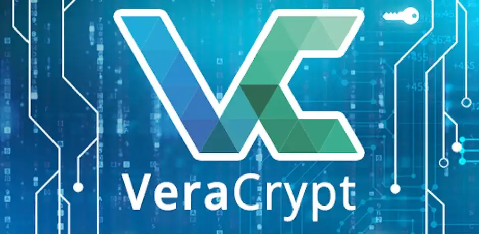 Ícone do Veracrypt, um escudo azul simbolizando segurança, com o símbolo de um cadeado no centro, em um fundo digital que lembra códigos. Representa a proteção de dados através da criptografia.