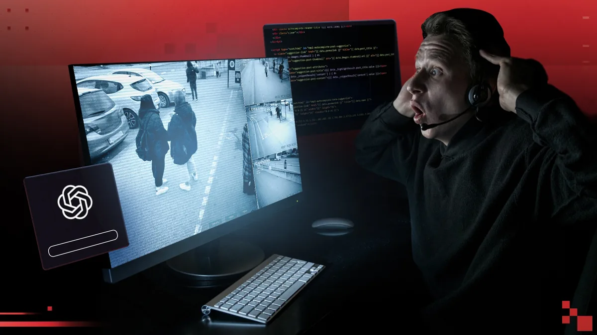 Tela de computador exibindo feeds de câmeras de vigilância de várias cidades, com um cadeado em evidência