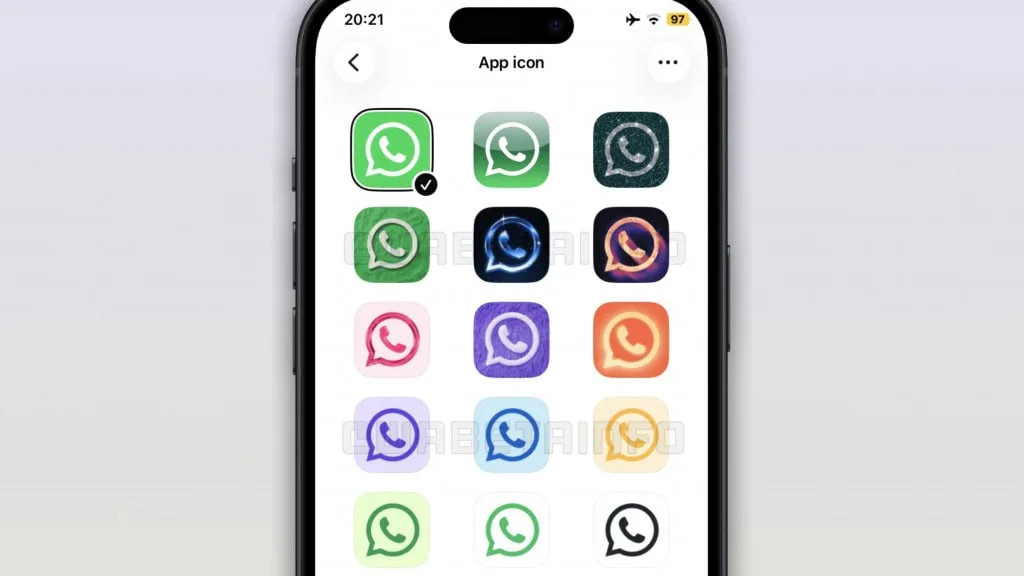 Captura de tela exibindo opções de cores de tema e ícones de aplicativos que podem ser personalizados com o WhatsApp Plus no iPhone.