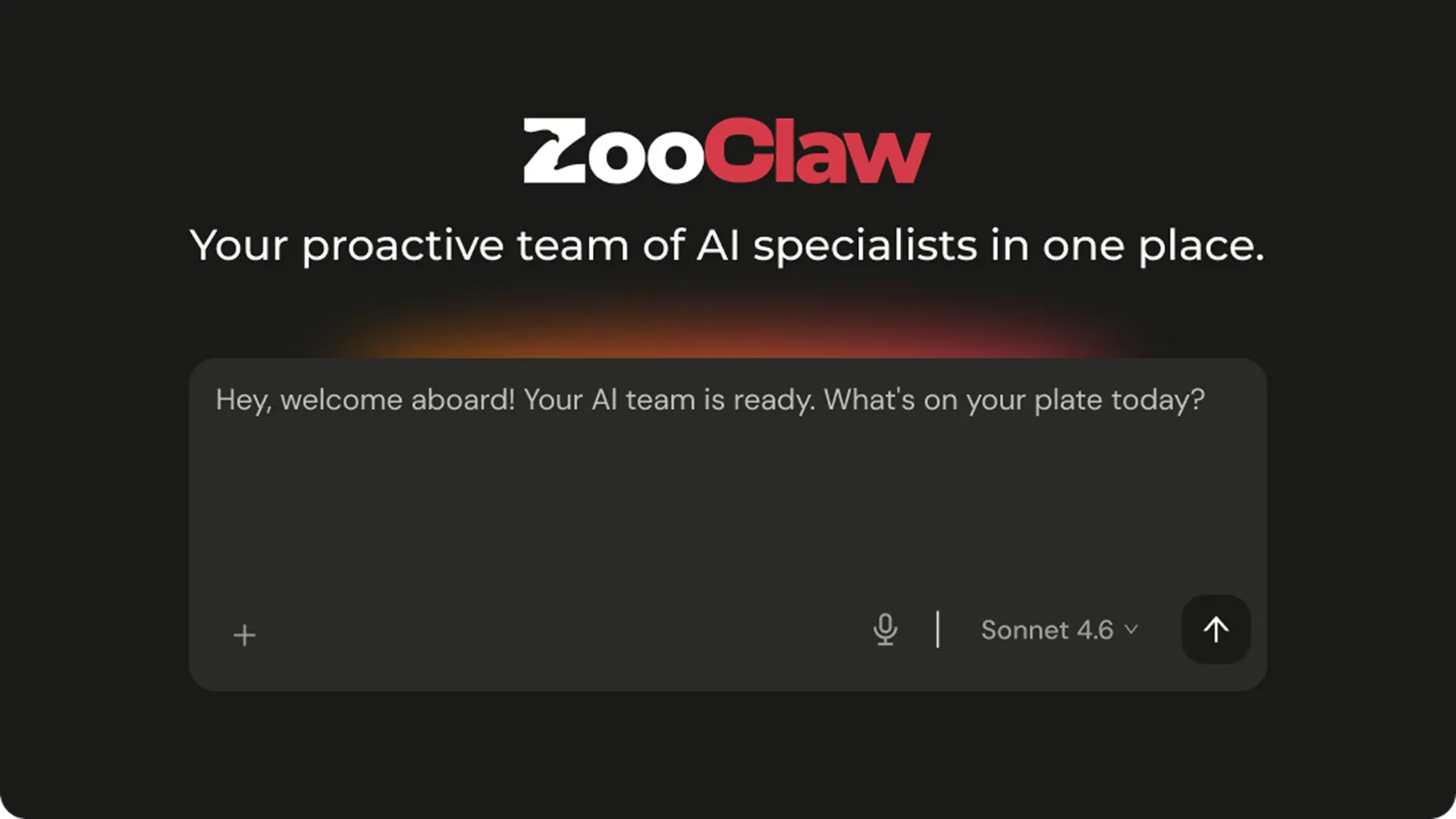 Desenho abstrato de uma garra robótica com ícones de inteligência artificial e colaboração, representando a solução ZooClaw para equipes de IA. Fundo azul e roxo digitalizado.